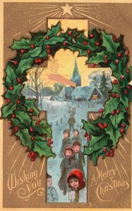 Vintage Postcard 1910's Wishing You A Merry Christmas Cross Holly Greetings