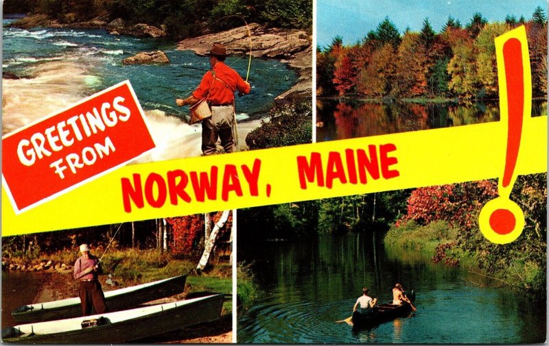 Greetings From Norway Maine ME Multiview Fishing Lake Boats Postcard