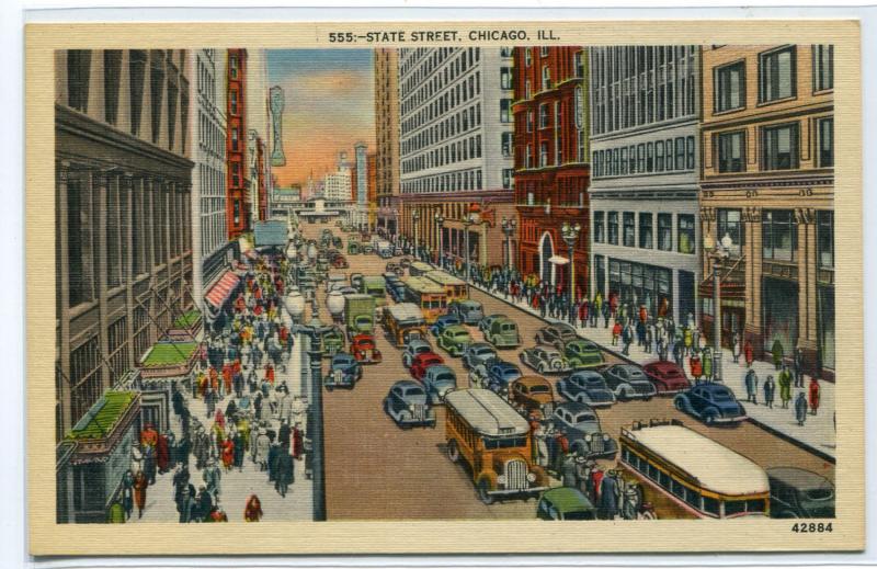 State Street Scene Cars Bus Chicago Illinois 1940s linen postcard
