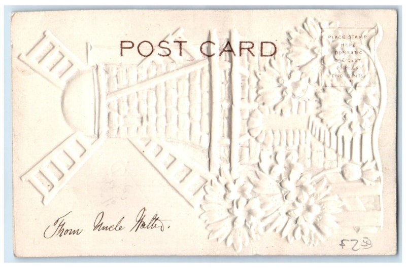 c1910's Christmas Windmill Flowers Airbrushed Embossed Antique Postcard