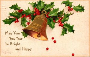 New Year Gold Bell and Holly Clapsaddle 1908