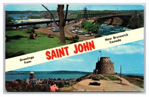 Dual View Banner Greetings St John New Brunswick Canada UNP Chrome Postcard S15