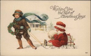 Christmas Kids Little Boy Pulling Little Girl on Sled c1910 Vintage Postcard