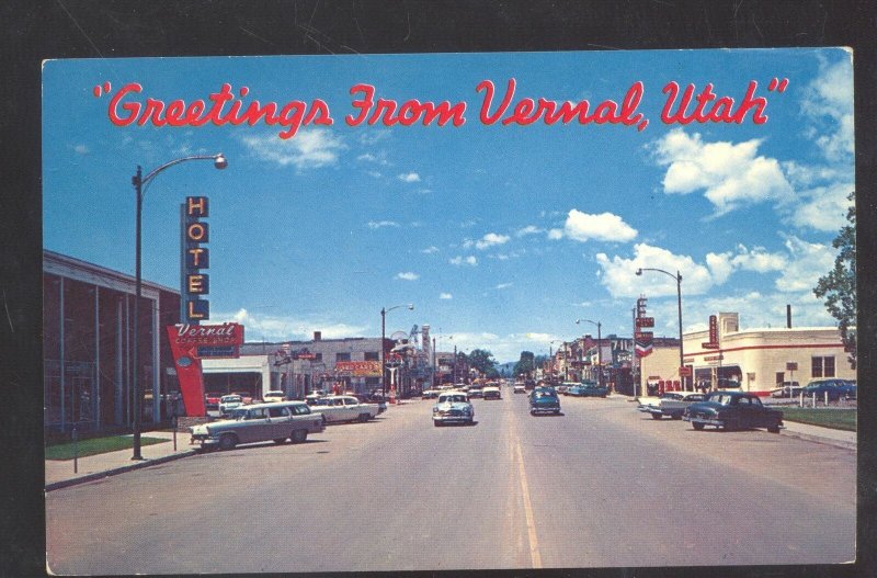 GREETINGS FROM VERNAL UTAH DOWNTOWN STREET SCENE OLD CARS POSTCARD