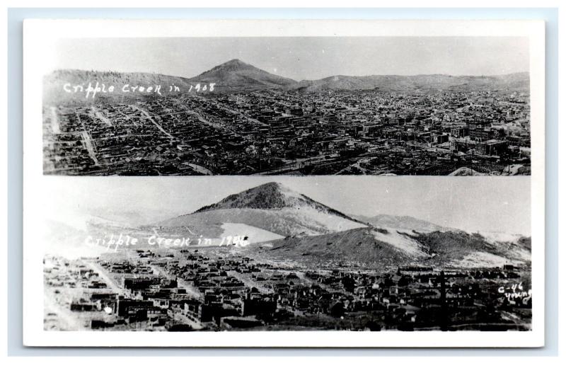 Postcard Cripple Creek in 1908 & 1946, CO split-view 1930-1950 RPPC H13