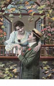 Vintage Postcard Lovers Couple Happy Faces Holding Hands Sweet Romance