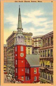 Old South Church Boston MA Massachusetts Clock Tower Linen Postcard VTG UNP