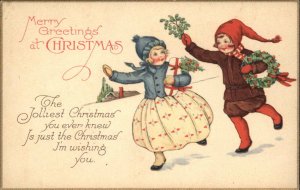 Christmas Children in Snow with Mistletoe Stecher Ser 1040C Vintage Postcard