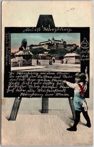 1910's Kid On A Huge Painting With Handwritten Phrases Postcard