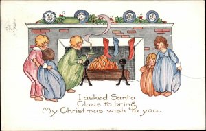 Whitney Christmas Children at Fireplace Wait for Santa Vintage Postcard