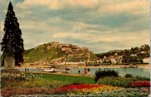 VINTAGE POSTCARD RIVERSIDE GARDENS WALKWAYS AND BOAT KOBLENZ GERMANY 1958