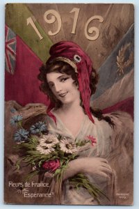 1916 Pretty Woman With Flowers Patriotic Flags Posted Antique Postcard