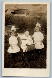 c1910's Little Girl And Baby On Stroller Scene Field RPPC Photo Antique Postcard