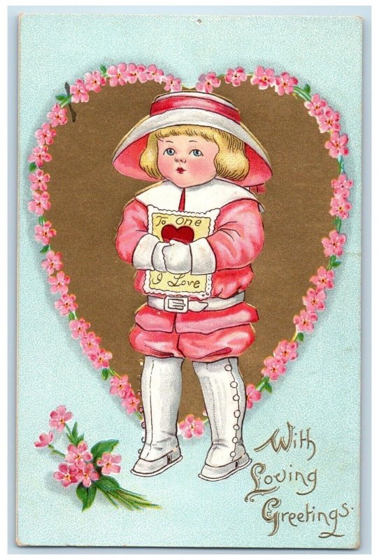 c1910's Valentine Loving Greetings Little Boy Heart Flowers Embossed Postcard 