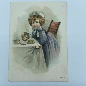 Shaw Piano J F Waterman Agt Montpelier VT Vermont Girl Tea Cups Trade Card