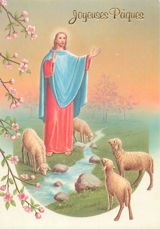 Easter Post card Shepherd Jesus and wounded lamb