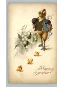 EASTER Fancy Gentleman Chick w Babies c1910 PC - NICE!