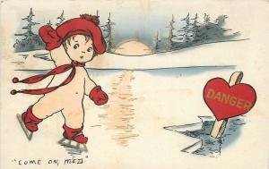 Artist impression 1914 Ice Skating Comic Humor Thin Ice Danger postcard 5882