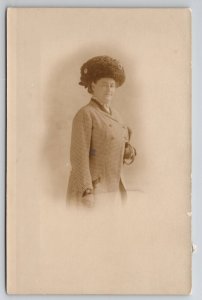 RPPC Older Woman Ella Foster Large Hat Checkered Coat Falmouth ME Postcard H25