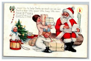 Vintage 1920's Whitney Christmas Postcard Santa Claus Checks List Kids with Toys