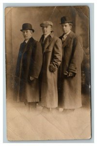 Vintage 1910's RPPC Postcard - Studio Portrait Father & Sons in Overcoats & Hats