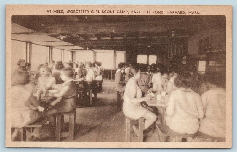 Postcard MA Harvard Bare Hill Pond Worcester Girl Scout Camp Mess Hall c1940s S8