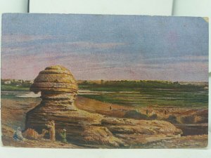 Vintage Postcard Painting of Tribesmen Praying next to a Sphynx Egypt