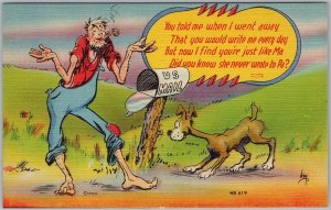 Man with Dog US Mail Box Vintage Humorous Lithograph Postcard H81