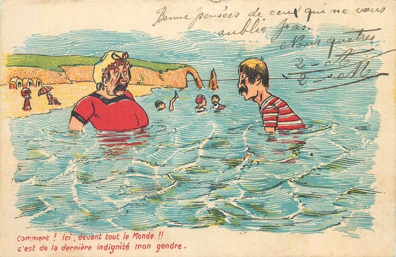 Postcard Comic people swimming in the sea