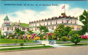 St Petersburg, FL Florida   MANHATTAN HOTEL  ca1940's Linen Advertising Postcard