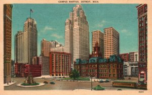 Vintage Postcard 1920's Campus Martius Park Downtown Detroit Michigan MI