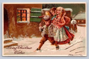 J92/ Merry Christmas Holiday Postcard c1910 Children Glitter Snow 238