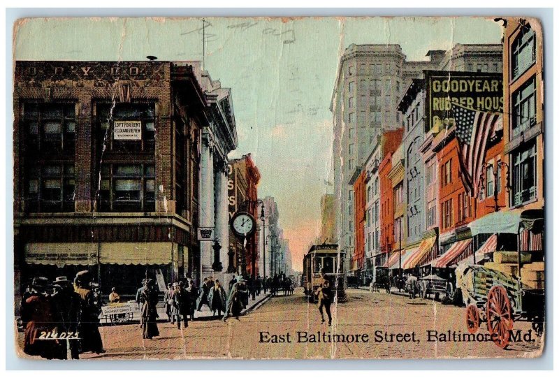 1912 East Baltimore Street Trolley Baltimore Maryland MD Posted Clock Postcard