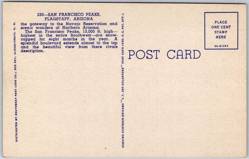Arizona AZ, San Francisco Peaks, Flagstaff, Scenic Wonders, Vintage Postcard