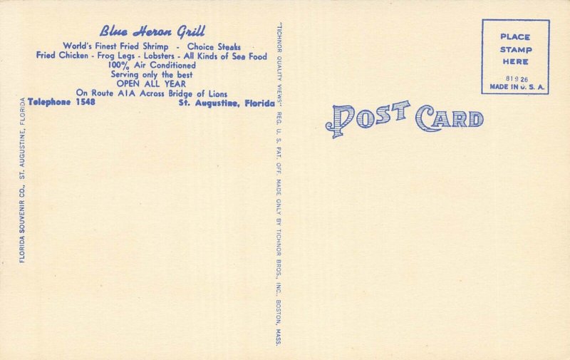 ST AUGUSTINE FLORIDA~BLUE HERON GRILL-WORLD'S FINEST FRIED SHRIMP~1940s POSTCARD
