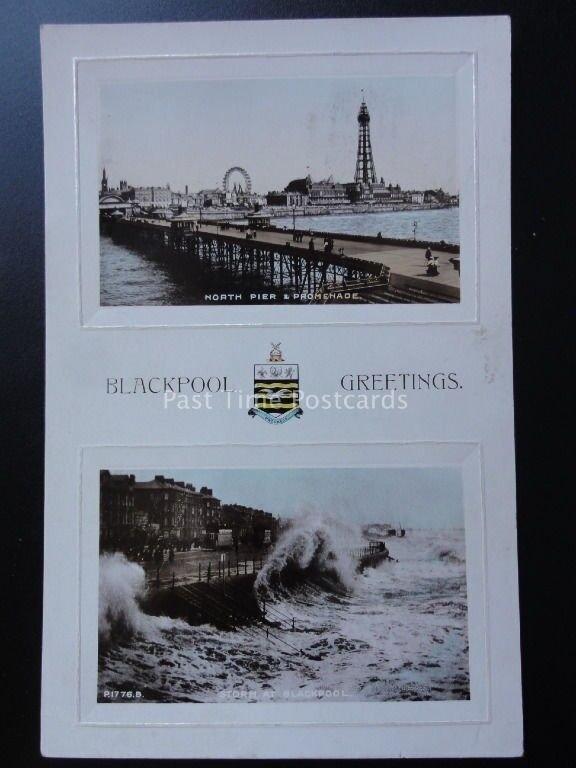 Lancashire: Blackpool Greeting & Heraldic Coat of Arms Old PC by C.J.E. Coop