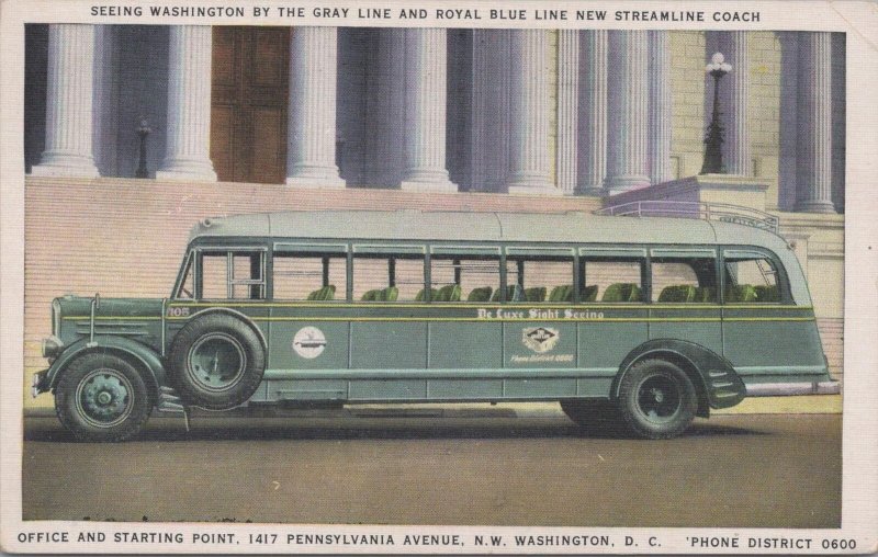 Postcard Seeing Washington DC Royal Blue Line + Gray Line New Streamline Coach