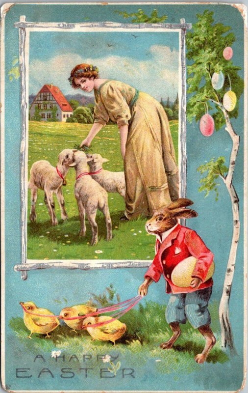 Happy Easter Wih Lady Feeding Lambs 1911