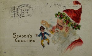 Circa 1910 Christmas Santa w/ Pipe Dancing Puppet Vintage Postcard P59