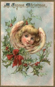 Tuck Christmas Pretty Little Girl Angel Holly Border c1910 Vintage Postcard