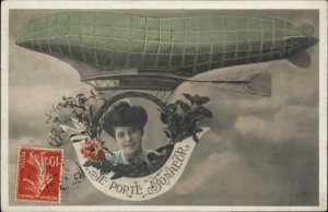 Beautiful Woman & Dirigible Airship Balloom LE PORTE BONHEUR c1910 RPPC