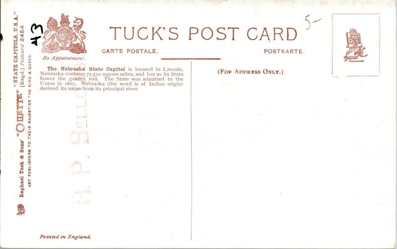 Tucks 2454 Nebraska State Capitol Vintage Postcard J41
