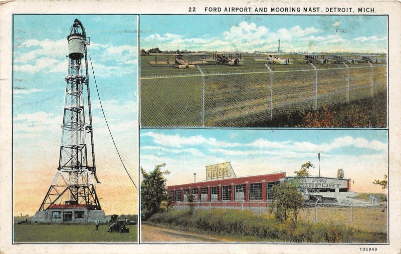 J4/ Detroit Michigan Postcard c1930 Ford Airport 3View Mooring Mast Blimp 63