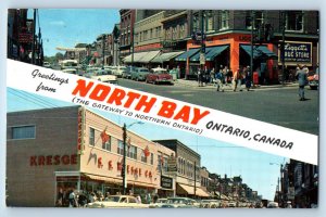 Ontario Canada Postcard Greetings from North Bay Main Street c1950's Multiview