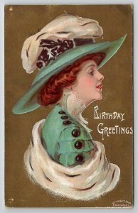 Pretty Victorian Woman In Teal Large Hat Postcard T28