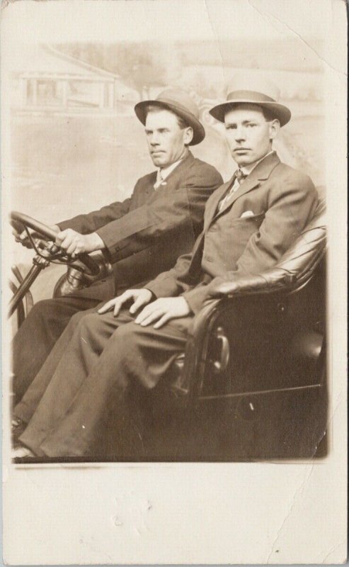 Two Men in Car Automobile c1911 RPPC Brandon & Estevan RPO Postcard G7 