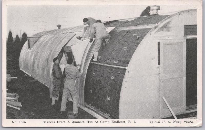 Military, WWII, Seabees Erect a Quonset Hut at Camp Endicott, R.I. US Navy Photo