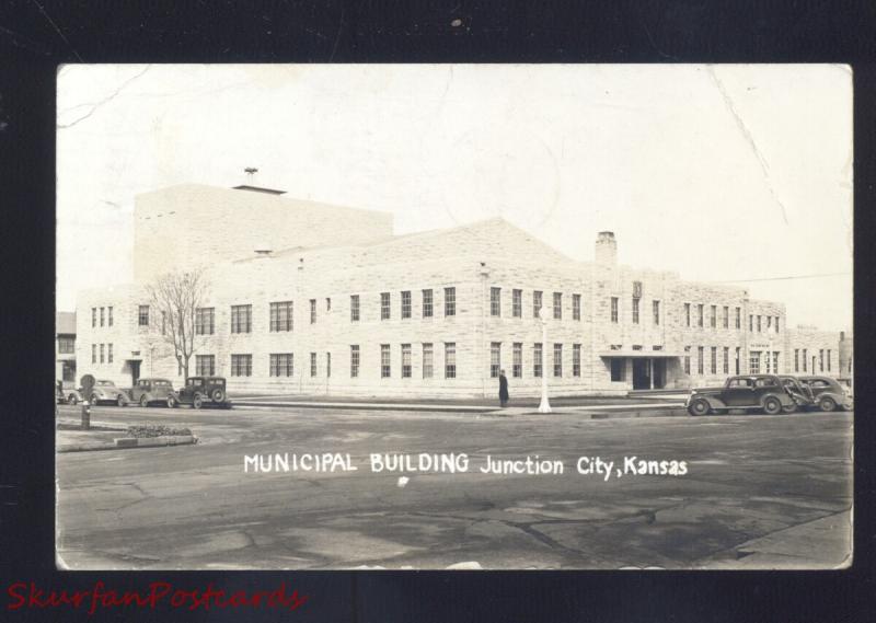 RPPC JUNCTION CITY KANSAS DOWNTOWN CITY HALL 1930's CARS REAL PHOTO POSTCARD