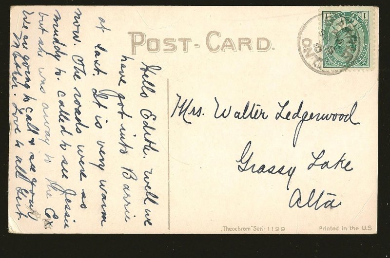 Canada Postmarked 1910 Barrie Ont Theochrom Series 1199 Color Postcard