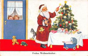 Brown Suited Santa Claus Christmas Tree Toys Candles Rocking Horse Postcard